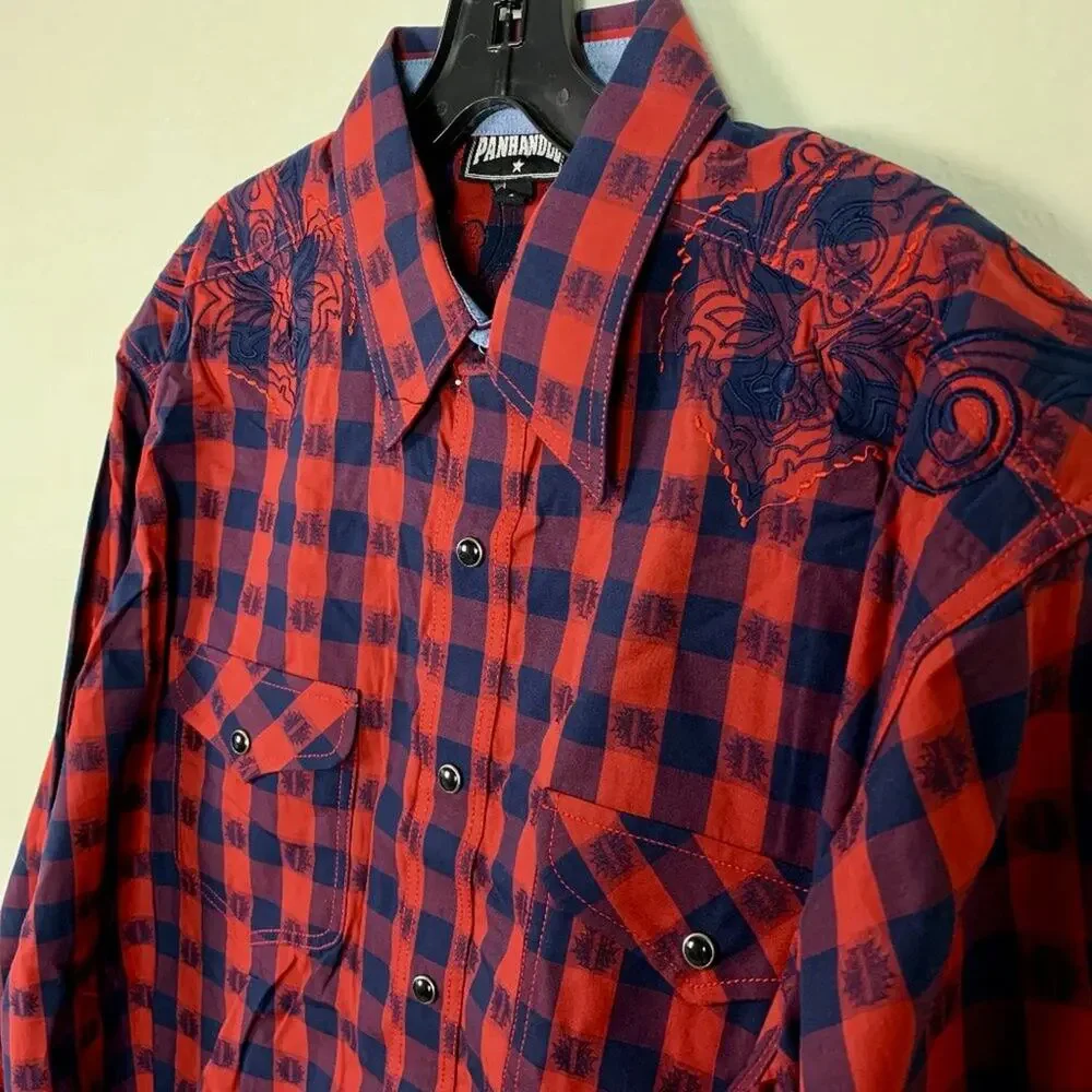 Panhandle Slim Men's Red/Blue Plaid Pearl‎ Snap Western Shirt Size Large